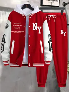 Men's Baseball Jacket Set 2 Piece Set Athleisure Wear Set Sporty Set Airport Outfits Fitted Polyester Fabric Fall & Winter Stylish Color block Design TikTokShopBlackFriday TikTokShopCyberMonday