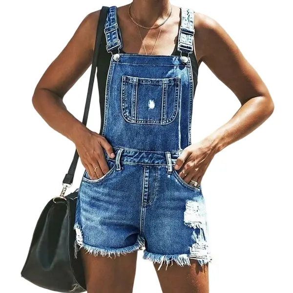 Flamingals Wash Ripped Raw Hem Patch Pocket Denim Shortalls Womenswear Stretchy 2.4" Inseam