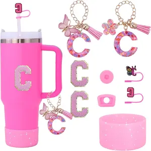 Pink Stanley Cup 9PCS Cup Accessories Set Compatible with 30oz & 40oz Cups,Includes Straw Cover,Boot,Spill-Proof Stopper,2PCS Handle Charm & Stickers(Pink C)