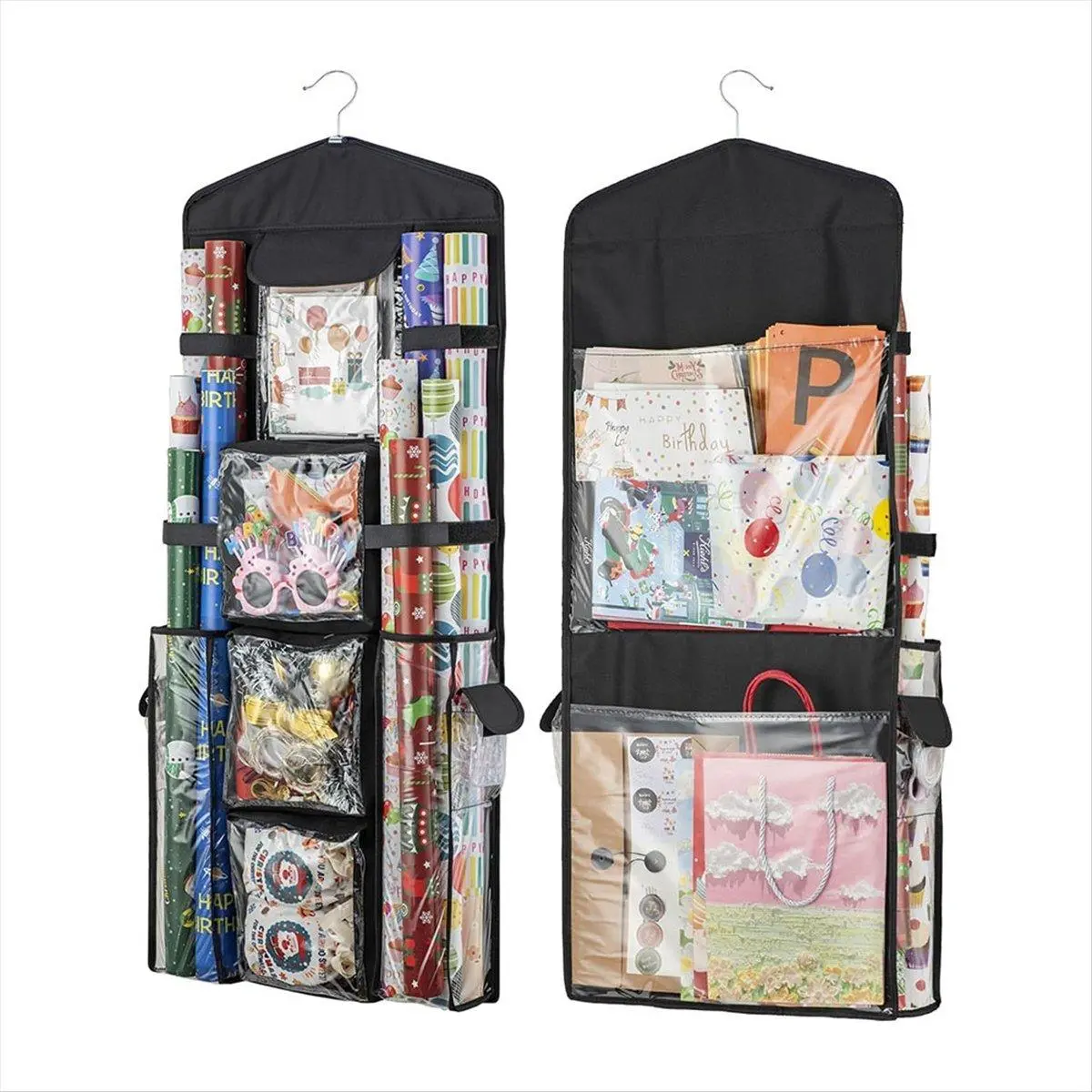Wrapping Paper Organizer and Gift Wrap Store, Double-Sided Waterproof Oxford Cloth Holder with 9 Pockets for Tissue & Christmas Supplies, Wedding, Birthday, Zipper, Wardrobe, Bedroom, Unisex, Kitchen, Spice Organizer, Hanging, Fabric, 2 Large Pvc Pockets,