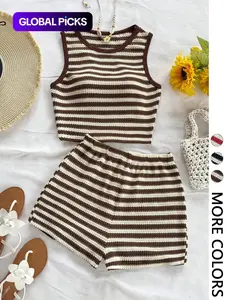 Women's Casual Chic Knitted Striped Backless Short Sleeve Cropped Top with Elastic Waist Shorts, Perfect for Vacation Wear, 2 Piece Set Womenswear Aesthetic Clothes