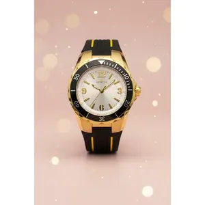 Invicta 17486 Angel Women 38mm 18k Gold Plated Black Dial Polyurethane Watch