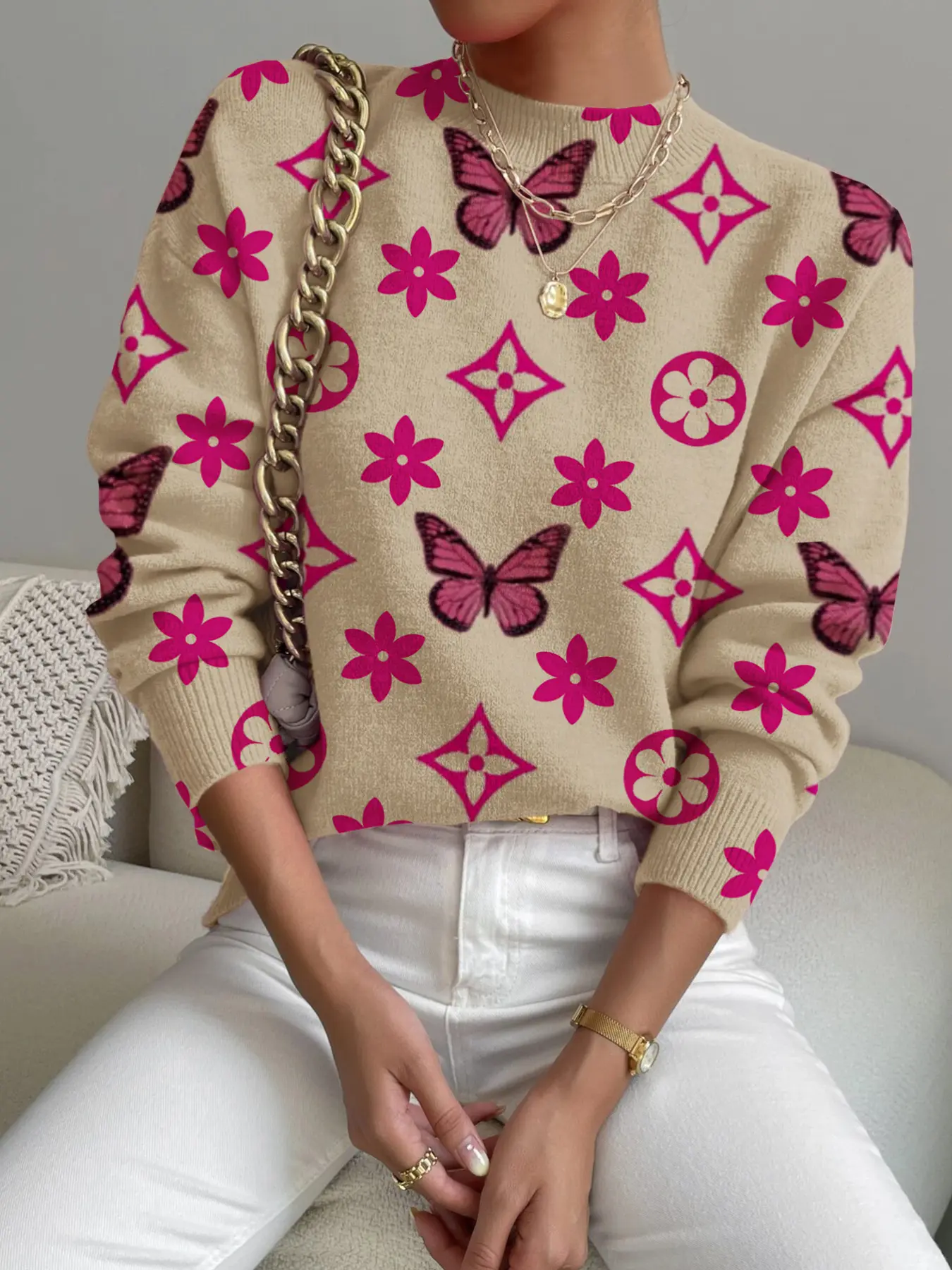 Women's Butterfly Geometric Pattern Knit Sweater Pullover, Casual Long Sleeve Top for Fall & Winter, Comfortable and Warm Daily Wear Knitwear