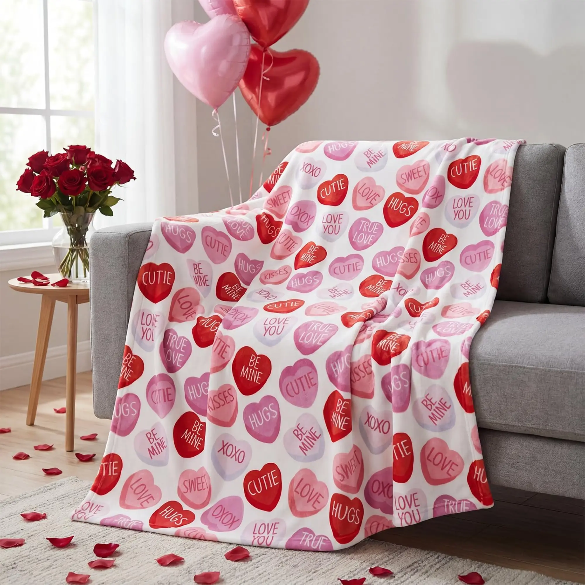Valentine Flannel Heart Blanket Throw - Pink with Words, Soft Comfy Breathable Fleece, Home Room Decor, Heartfelt Gift Blanket for Adults, Ideal for Couch Sofa Use, Soft Comfy Blanket, Breathable Soft Blanket