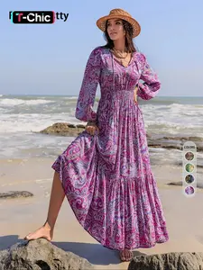 Women's Boho Style Long Sleeve Woven Paisley Print Dress with Fitted Waist, Comfortable and Stylish for All Seasons, Perfect for the Beach