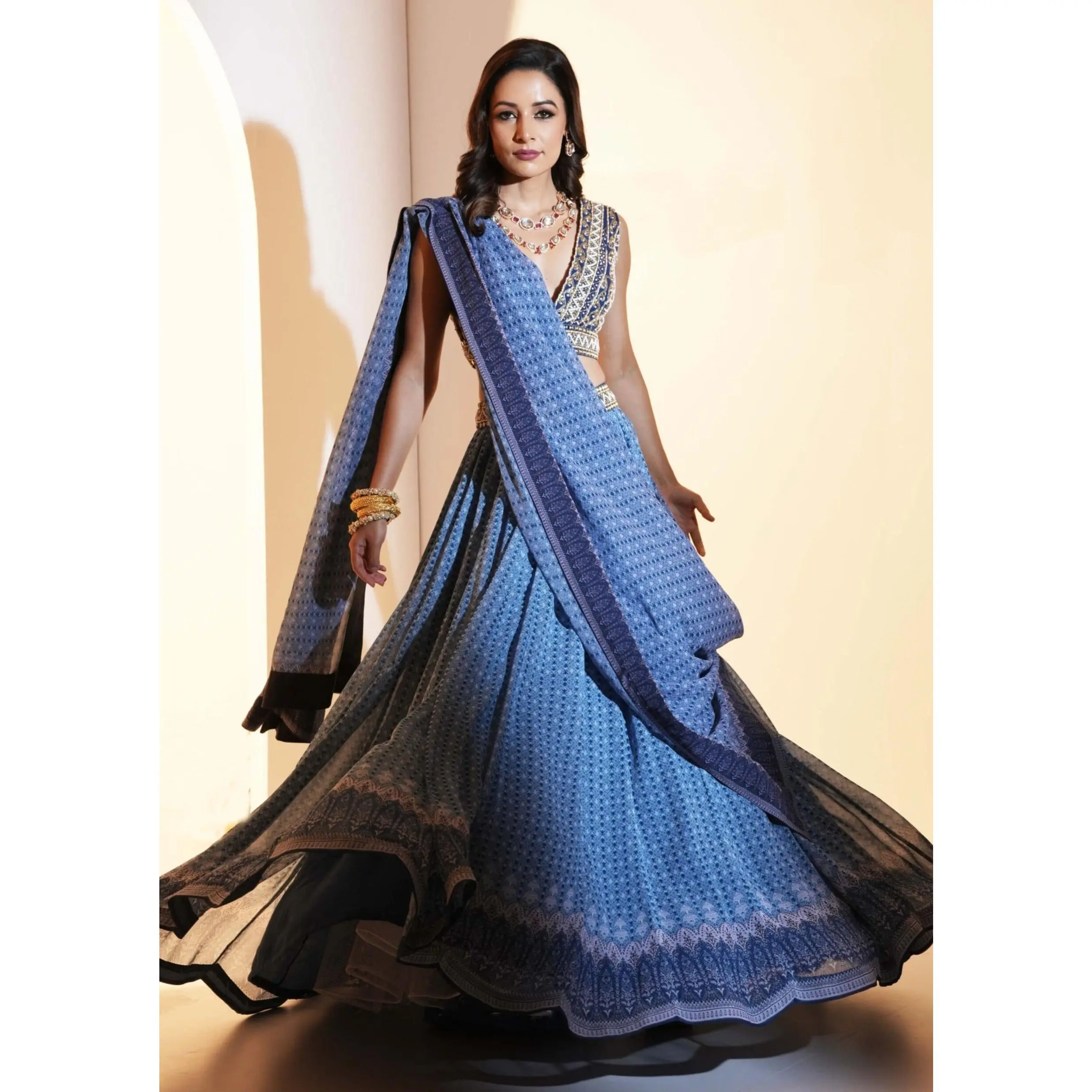 Aastha blue print lehenga set
