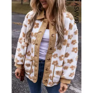 Women's Floral Jacquard Drop Shoulder Button Front Fuzzy Jacket, Casual Long Sleeve Collared Pocket Outerwear for Fall & Winter, Ladies Clothes for Daily WearVFSS