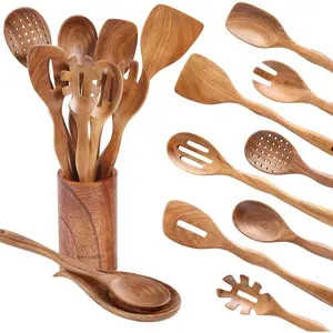 Wooden Spoons for Cooking with Holder,10Pcs Wooden Kitchen Utensil Set Non stick, Non Scratch Natural Teak Wooden Utensils for Cooking