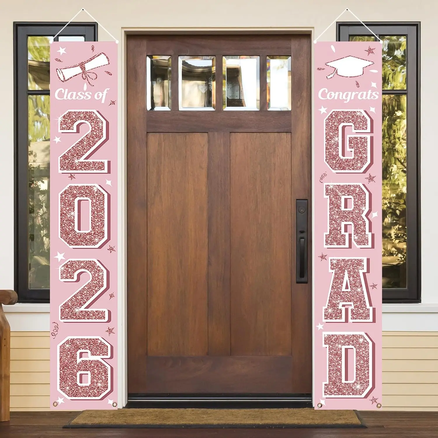 2026 Graduation Decorative Banner Gift - Pink Single-Sided Print Hanging Flag Porch Sign, Weatherproof Cap & Cert Party Supply, 180x30cm Indoor/Outdoor School Decoration
