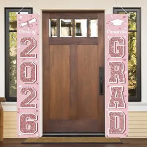 【graduation2026】Decoration for the graduating class of 2026, pink graduation banner hanging flag porch logo, party supplies for the graduating class of 2026, suitable for indoor/outdoor decoration of any school 180x30cm