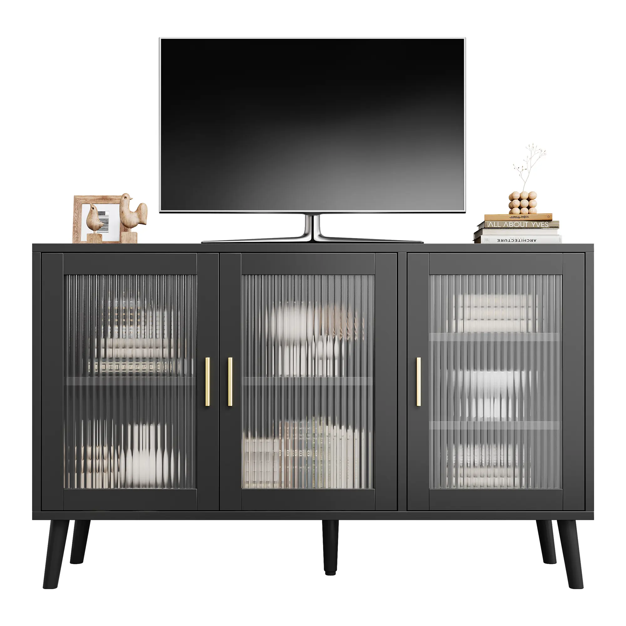 48" Fluted Glass Sideboard Buffet Cabinet – Mid Century Storage Cabinet with Shelves, Dining Room Console Table for Kitchen, Living Room, Coffee Bar, TV Stand & Entryway Furniture