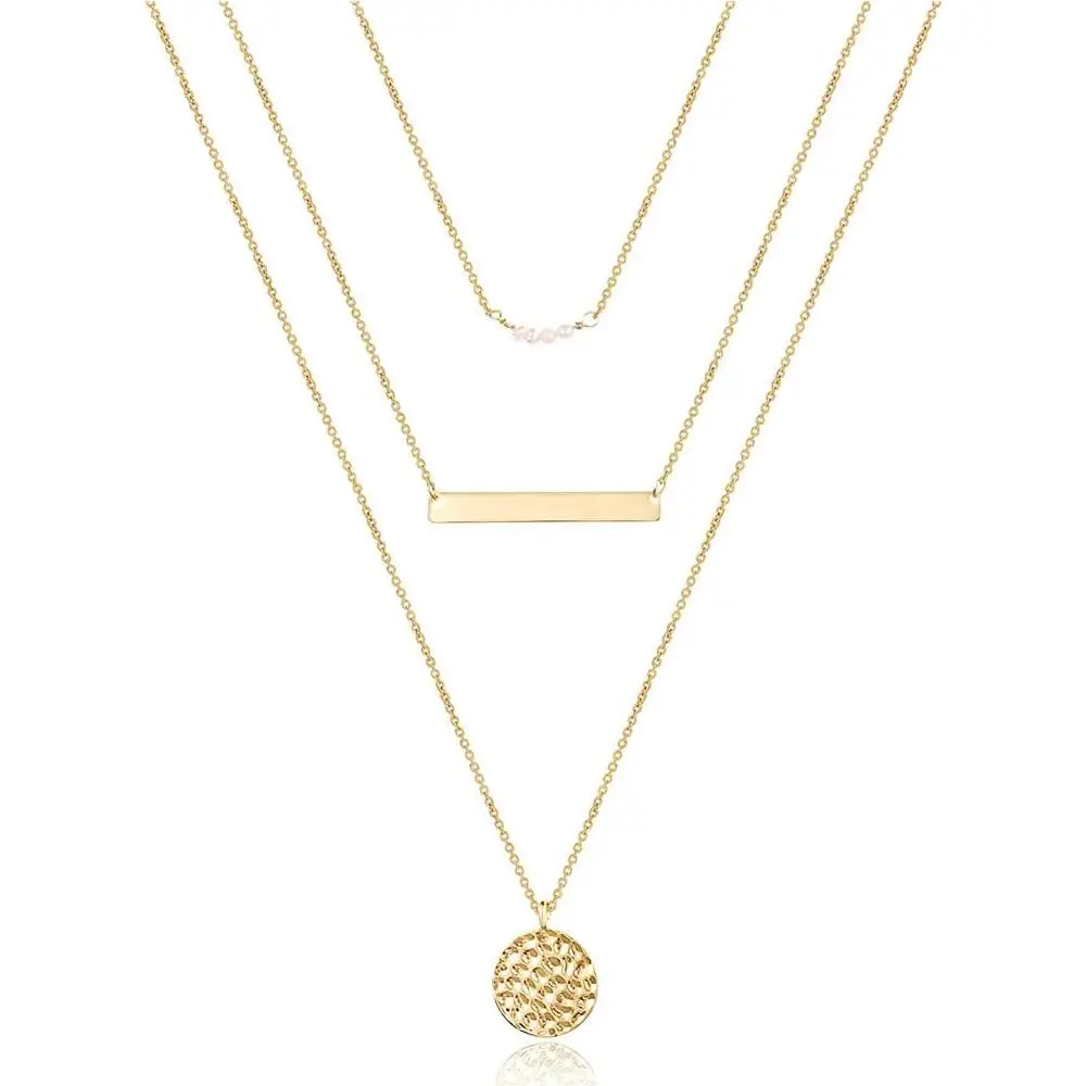 Women's Handmade Gold-Plated Layered Choker Necklace - Adjustable Elegant Chain, Y Pendant, Bar Disc Layered Pendants, Adjustable Layering Jewelry