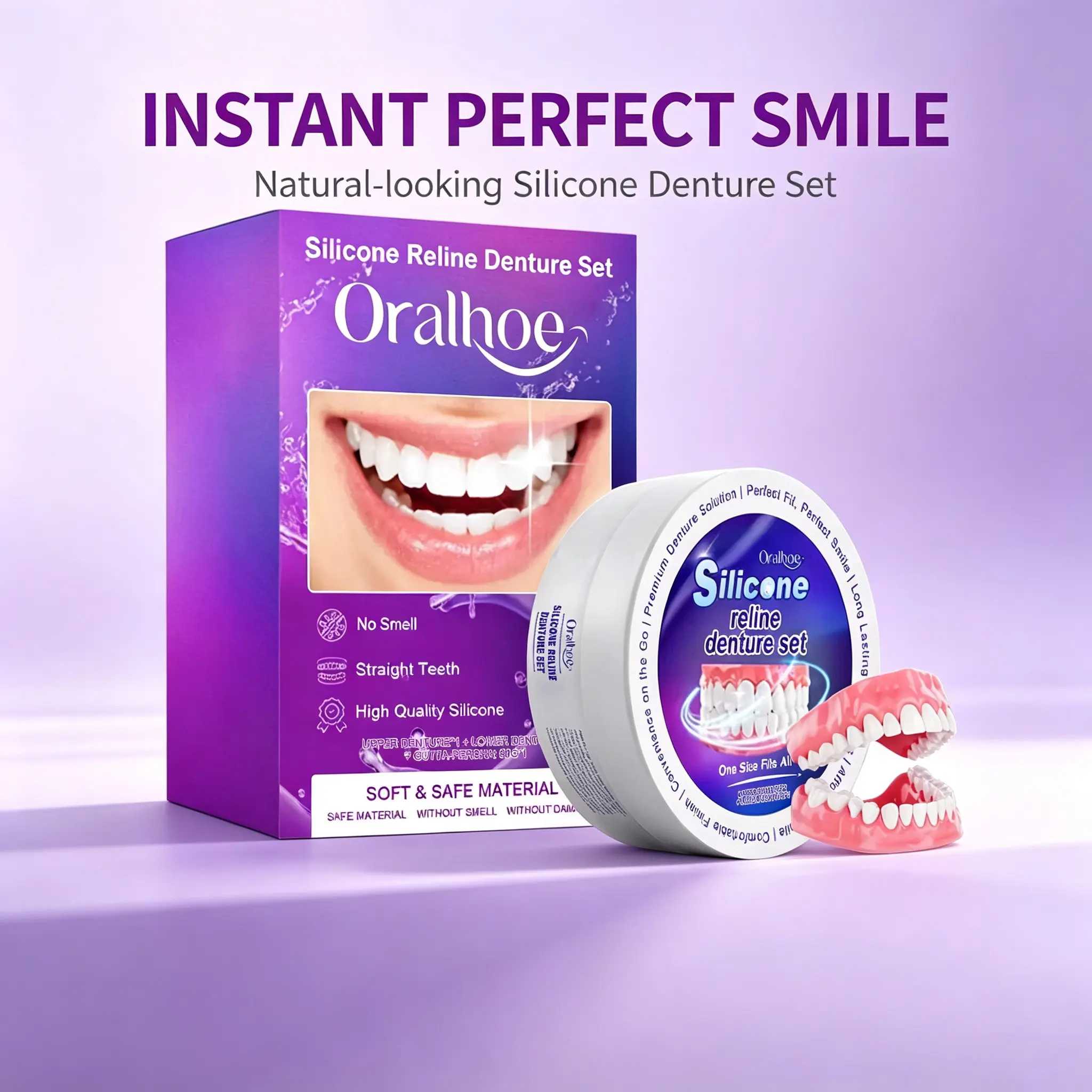 Silicone Reline Denture Set, Removable Cosmetic Fake Teeth Veneers, Natural Look Upper & Lower Tooth Covers, Comfortable Soft Silicone Smile Decorations for Photo Daily Social Use