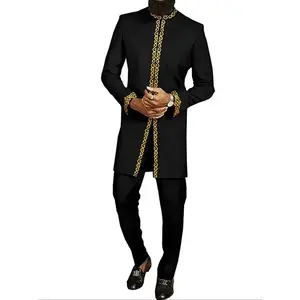 Men’s ethnic-pattern embroidered zip-up stand-collar top and pants set; traditional long-sleeve slit top and pants set; men’s 1980s fashion two-piece set; outerwear