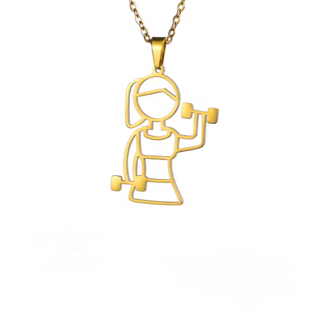 Female Gym Necklace with Girl Lifting Weights Pendant in Stainless Steel, Casual Daily Jewelry for Women, Gold or Silver Finish, Fitness Girl, Everyday, Girl Lifts Weights