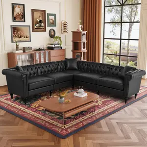Sectional L-shaped Sofa, Chesterfield Faux Leather Couch Modern 5 Seater Upholstered Small Accent Tufted Sofa With Nailhead Design And Rolled Armrest For Living Room, Apartment, Office