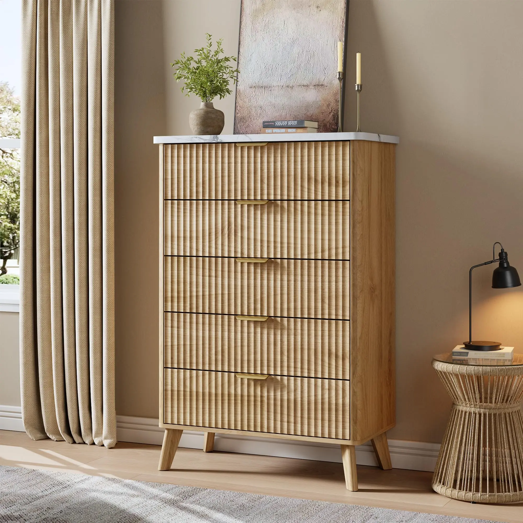Classic Tall Fluted 5-Drawer Dresser - Solid Wood Indoor Furniture with Fluted Panels, Thickened Faux Marble Top, Curved Design, Angled Legs for Bedroom, Living Room, Thickened Top