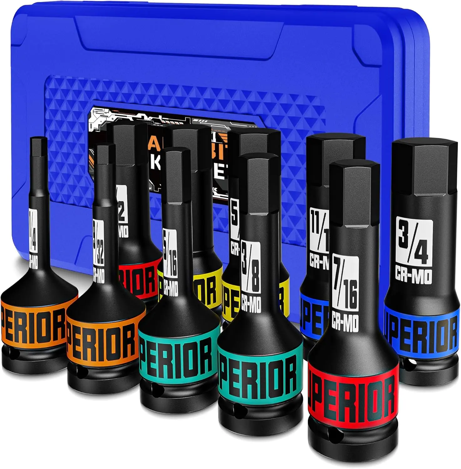 1/2" Drive Hex Bit Set, SAE, 10 Pieces 1/2" Drive Bit Set, 1/4" - 3/4", Cr-Mo, Duty Case