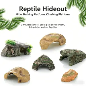 Reptile Hideout & Basking Platform Resin Aquarium Decoration Eco-friendly Material Hand-painted Finish for Leopard Geckos Lizards Turtles Various  Gifts Box - Rock