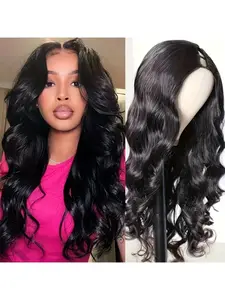 V Part Wig Human Hair Body Wave Upgrade U Part Human Hair Wig With Clips Glueless Wigs Human Hair Wavy Beginner Friendly V Shape Clip In Half Wigs for Women No Leave Out 180% Density