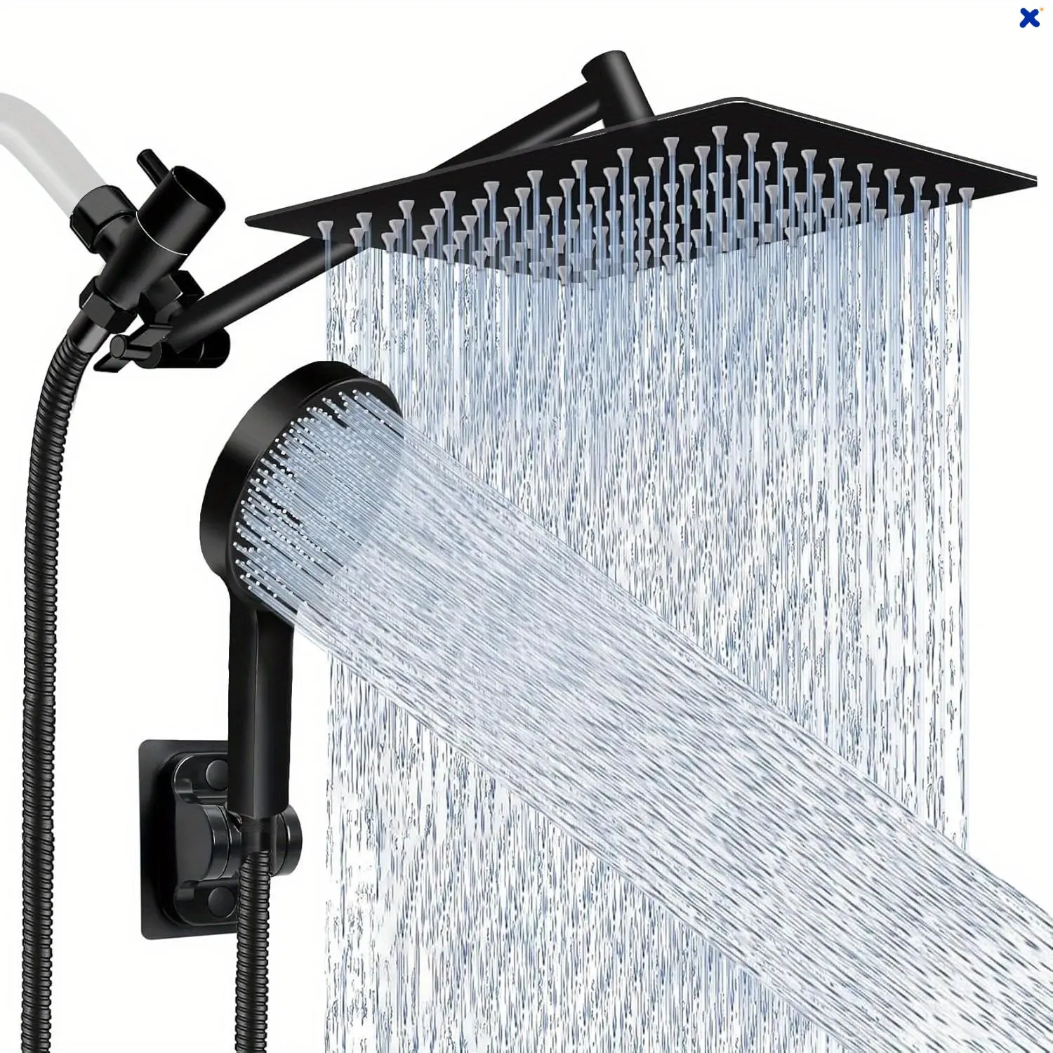 High Pressure Rainfall Handheld Shower Head Combo | 9 Spray Settings +11" Extension Arm, Adjustable Bracket Chrome Matte Black Anti-Leak Bathroom Fixture