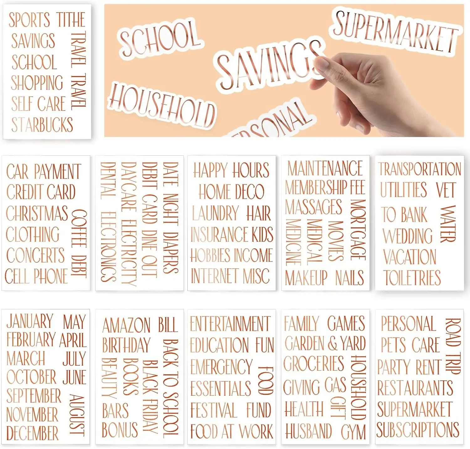 100 Rose Gold Budget Category Stickers - Clear Vinyl Planner Decals for Cash Envelope System Wallet