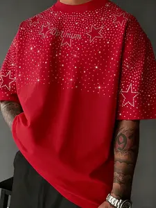 Starry Embroidered Short Sleeve T-Shirt, Party Streetwear, Summer Trendy Piece, Fitted Long Top Without Collar