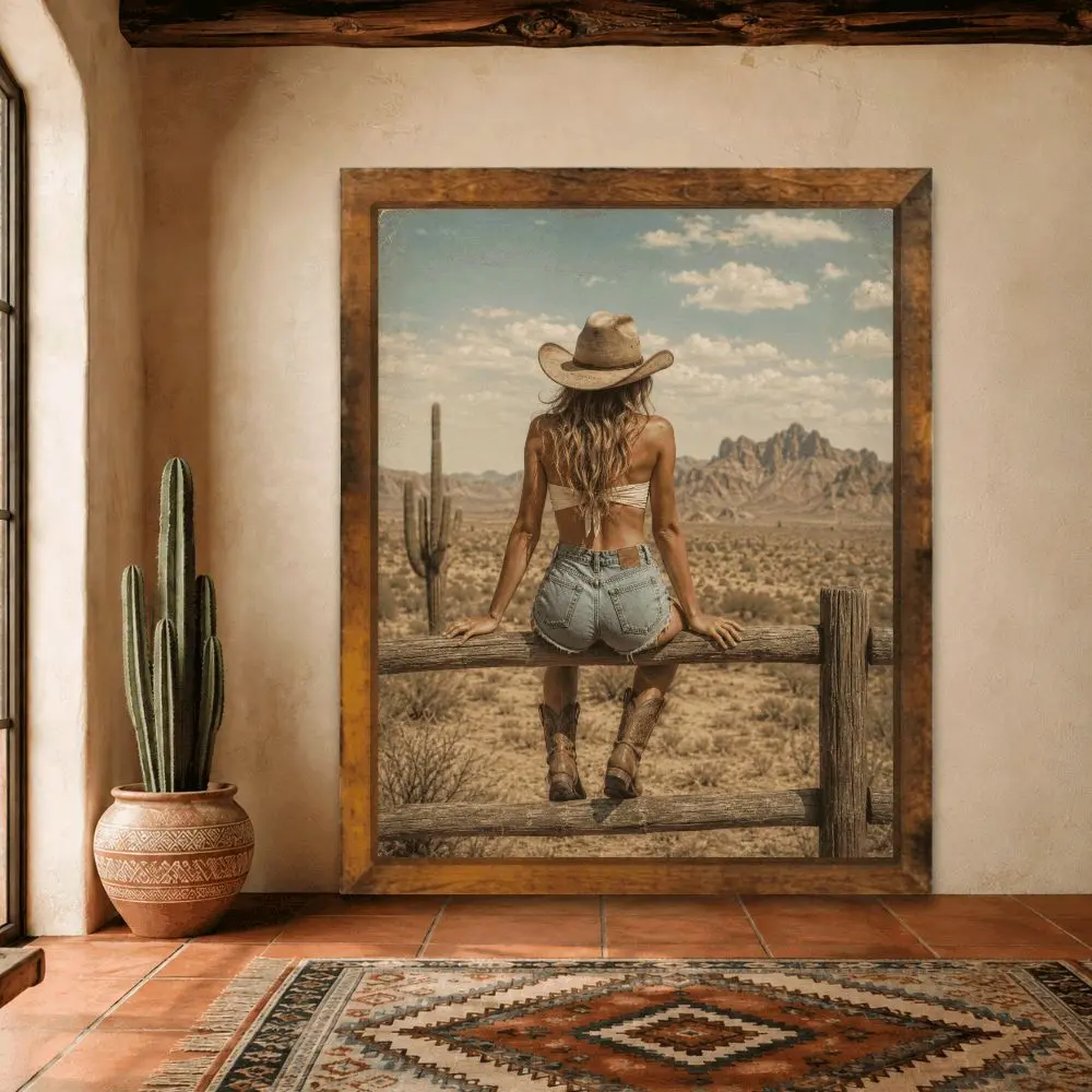 Western Desert Cowgirl Wall Art | Vintage Boho Southwestern Canvas Print | Rustic Ranch Decor | Desert Landscape Wall Decor