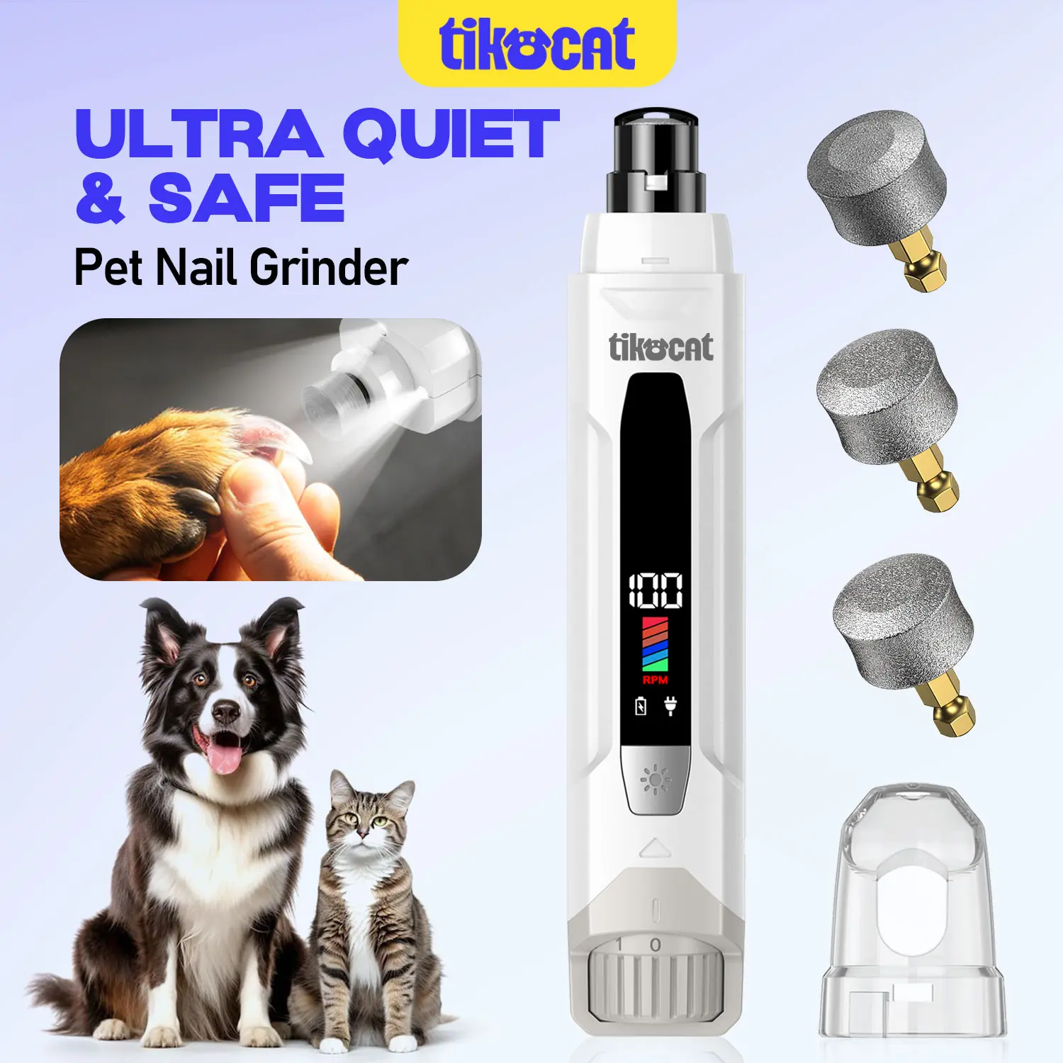 TIKOCAT Whisper-Quiet Dog Nail Grinder 50% More Power for Sensitive Dogs,Cat, 6-Speed Pet Nail Trimmer with LED Display & 4 LED Lights, 3 Grinding Bits, No Over-Cutting,Stress-Free Grooming for All Pets