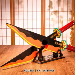 Demon Slayer Zenitsu Agatsuma Dual Sword Building Set, DIY Anime Sun Wheel Knife Cosplay Prop, Display Stand Included, Perfect Gift for Fans