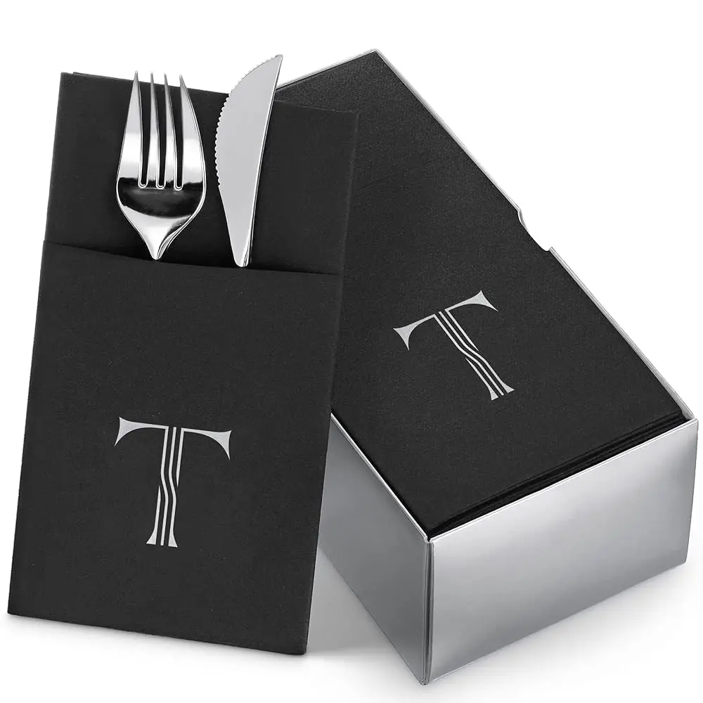 Monogrammed Black Napkins With Silver Foil initial For Weddings, Parties, Baby Showers - Disposable Linen-Feel With Flatware Pocket, Pack Of 50