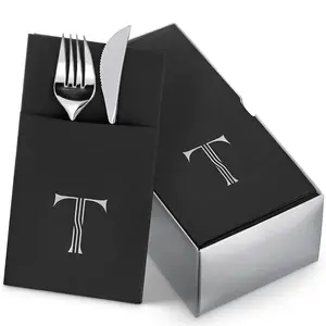Monogrammed Black Napkins With Silver Foil initial For Weddings, Parties, Baby Showers - Disposable Linen-Feel With Flatware Pocket, Pack Of 50