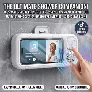 Bathroom Waterproof Phone Mount with Wireless Speaker, 480° Rotatable Shower Phone Holder Stand for Wall & Mirror, Compatible with All 4"-6.8" Phones