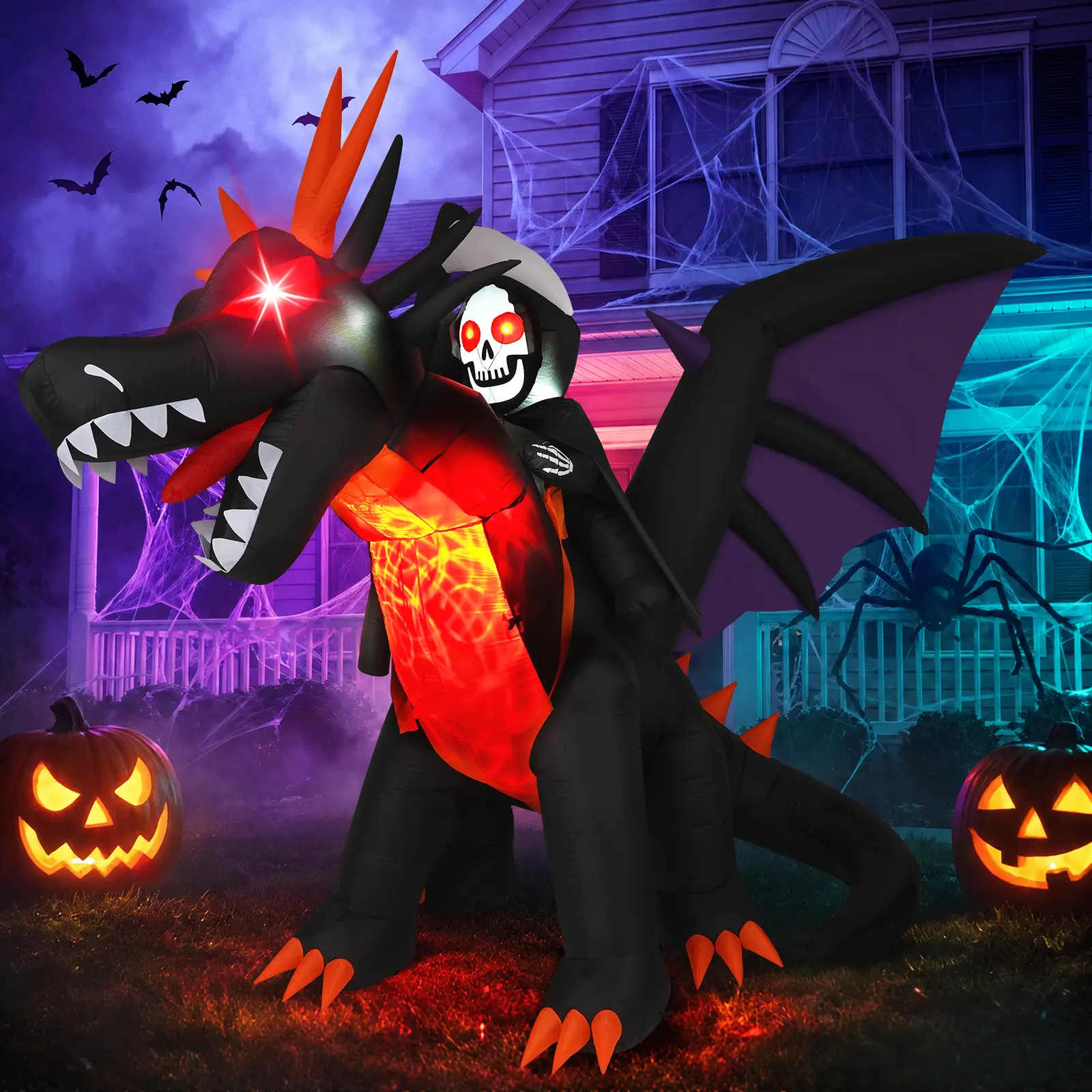 11.5 FT Halloween Inflatable Giant Dragon with Grim Reaper, Auto 135° Head-Swaying Animated Home Decoration, Swirling Flame, Red Flashing LEDs, 120s Fast Inflation, 20 FT Cord, IP44 Rated Outdoor Lawn Blowup