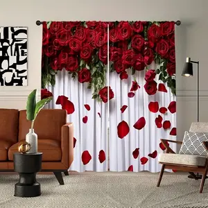 2pc Valentine's Day red rose petal printed scenic curtains, Window curtain, is a perfect gift for friends and suitable for home decoration in dormitories, bedrooms, living rooms