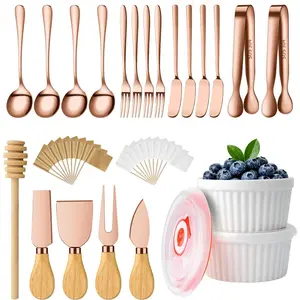 Charcuterie Boards Accessories Bowls with Lids, Cheese Butter Spreader Knife Set Mini Serving Tongs, Forks, Spoons,Dipping Bowls, Toothpick Flags, Honey Dippers For Party Platter Making (Rose Gold)