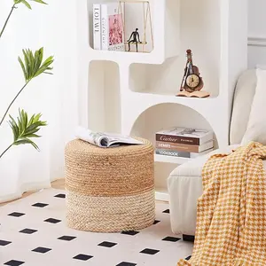Ottoman Pouf, Natural Braided Jute Poof, 18'' Outdoor Ottoman for Garden, Rustic Handweave Lounge Pouffe, Boho Footrest Stool for Bedroom, Accent Table or Seat for Patio, Living Room