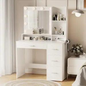 FURMAX Vanity Desk with Lights and Mirror Makeup Vanity Table Set with Drawer and Power Outlet