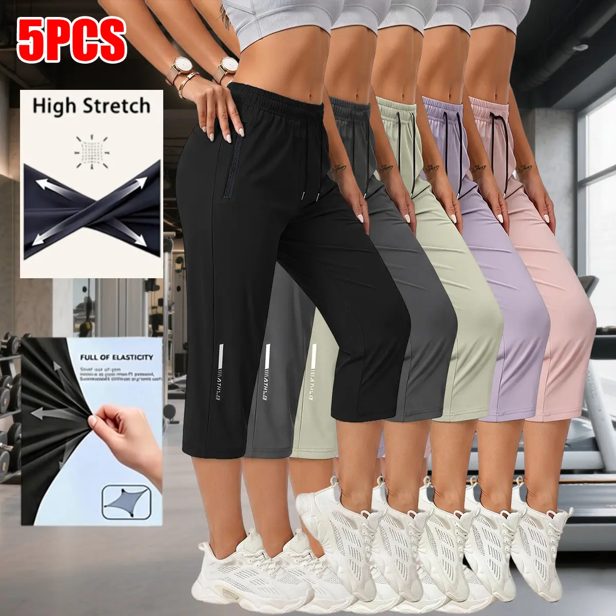5-pack women’s cargo capri pants with drawstring waist, printed design, zippered pockets, solid color—versatile and stylish for everyday casual wear, outdoor, and street style.