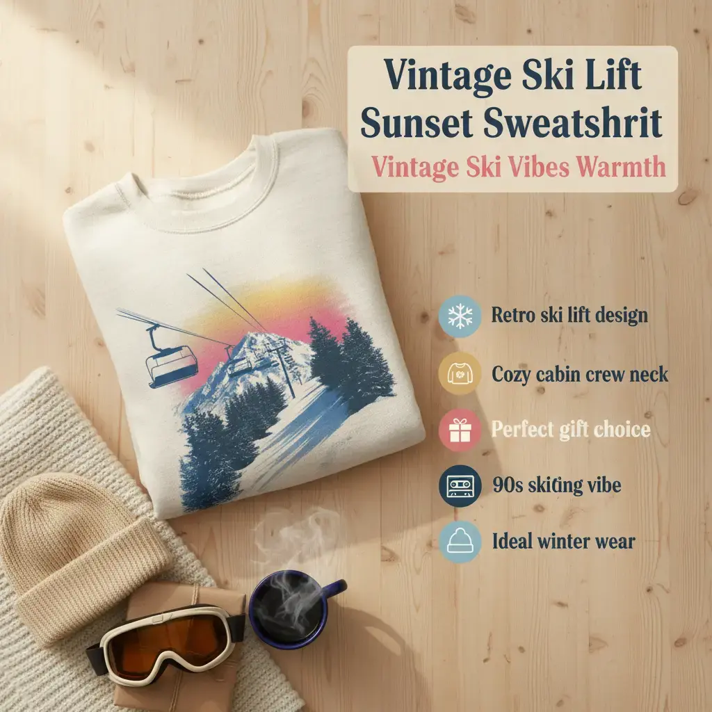 Vintage Ski Lift Sunset Sweatshirt, Women's Casual 90s Style Graphic Pullover Top, Winter Ski Cabin Gift