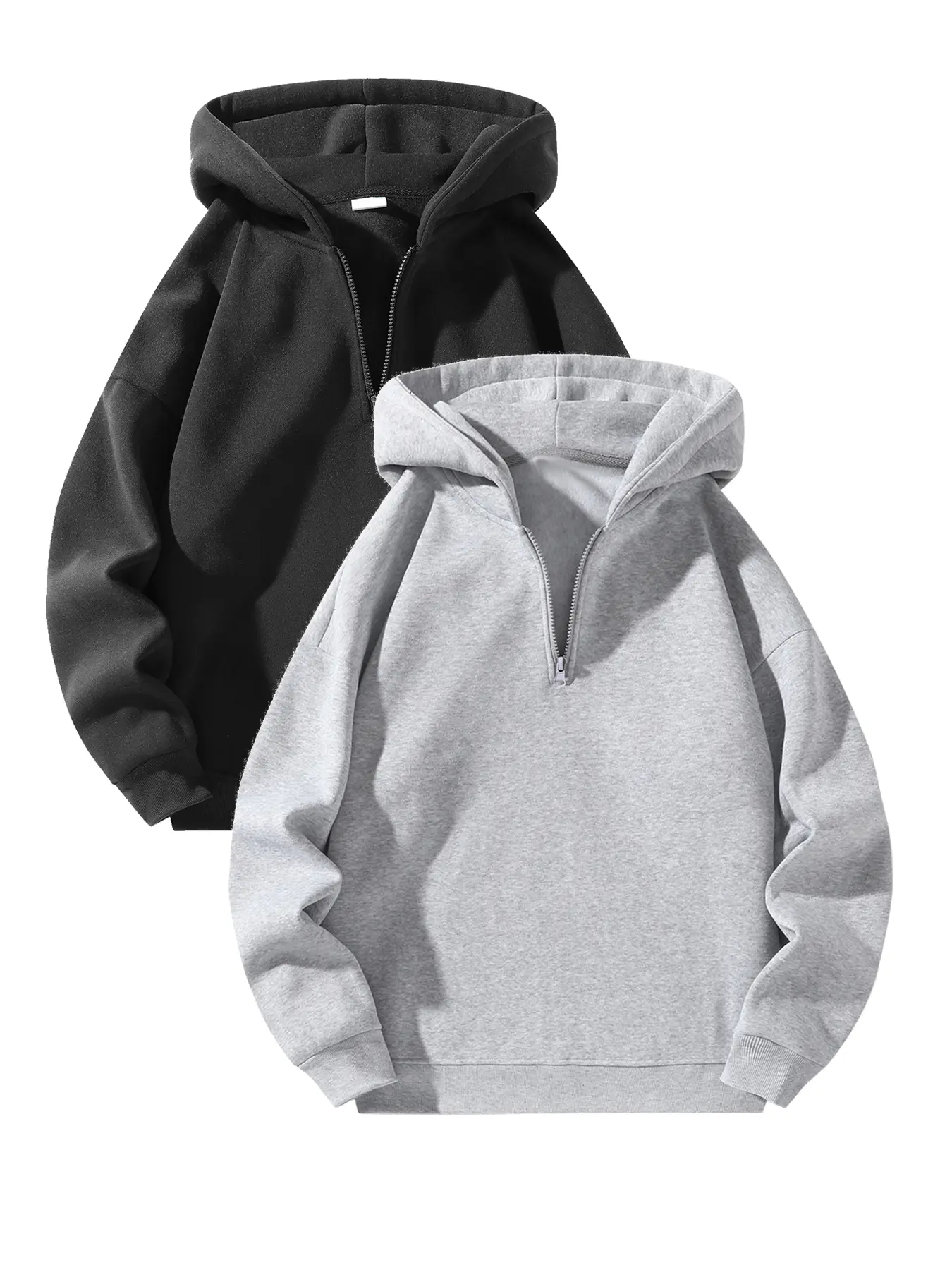 Men’s half-zip hooded sweatshirt, loose and soft polyester fleece, solid color long sleeves, relaxed casual fit pullover, suitable for street-style casual wear, pairs well with jeans and joggers, top, fashionable, long sleeves, comfortable feel, loose cut