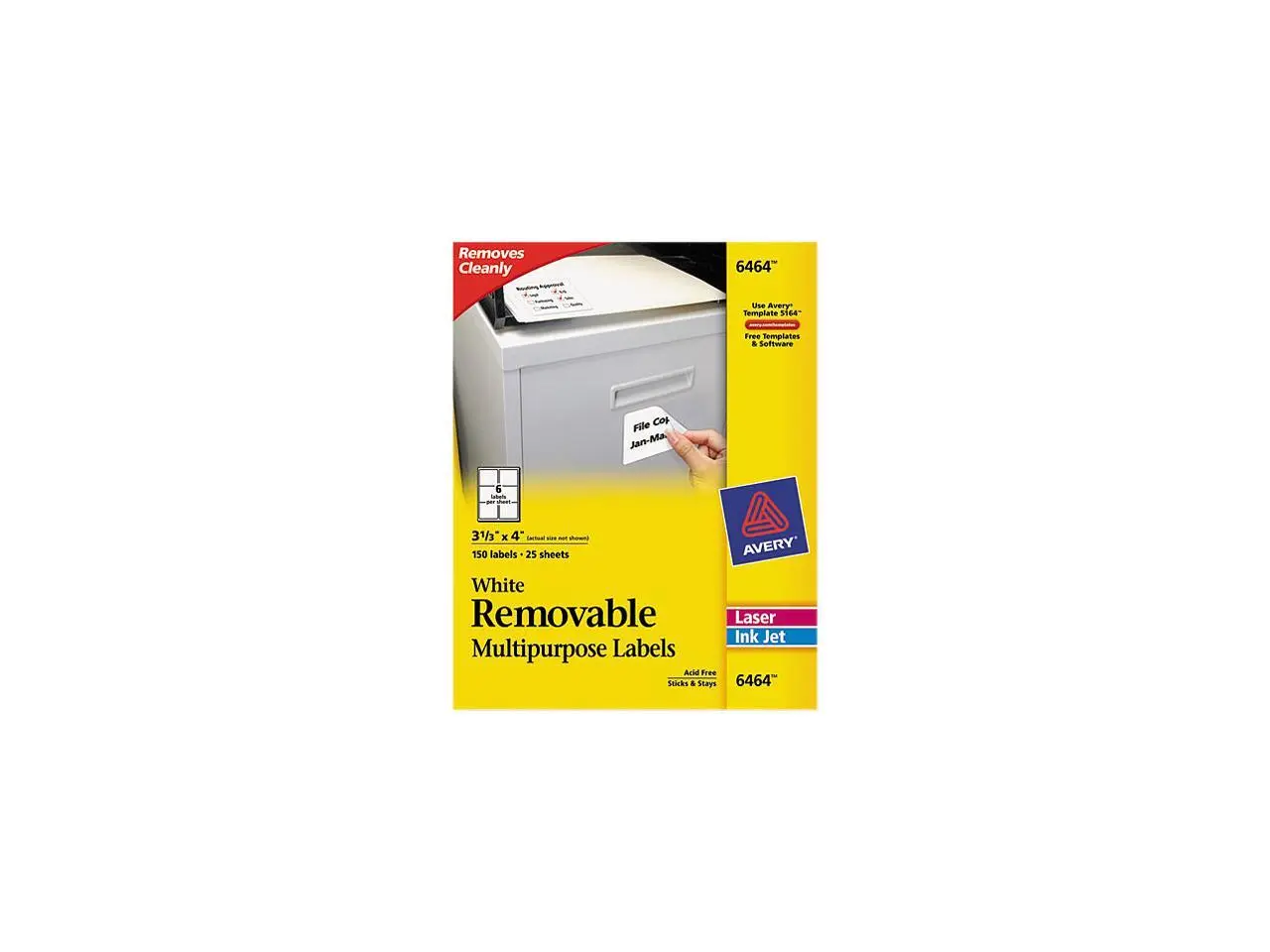 Avery 6464 Removable Inkjet/Laser ID Labels, 3-1/3 x 4, White, 150/Pack