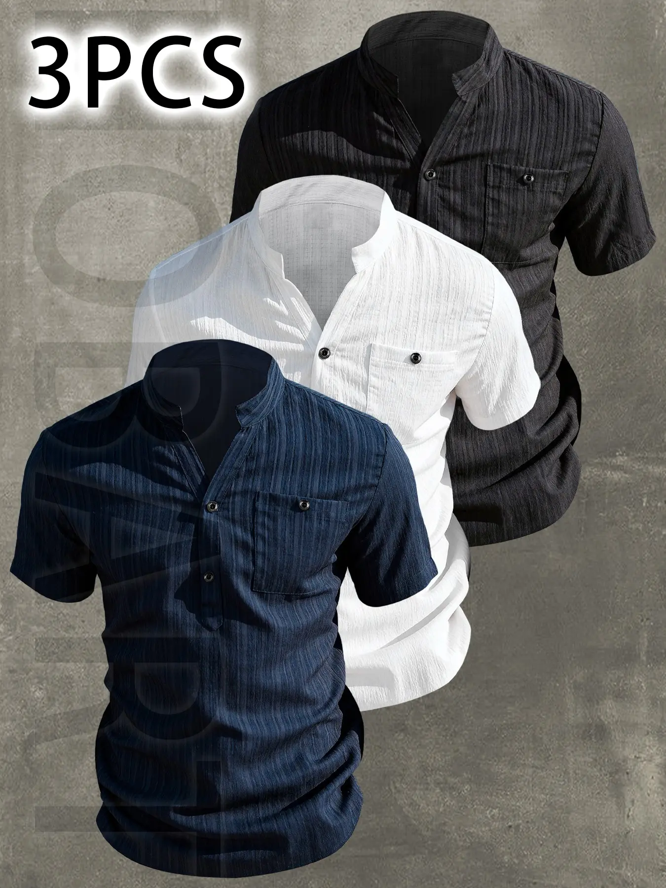 3Pcs Men's Summer V-Neck Short Sleeve Shirt - Lightweight Breathable, Basic Casual Solid Color Button-Up Casual Shirt with Stand Collar, with pockets, Machine Washable for Beach Vacation, Pool Party & Casual Attire