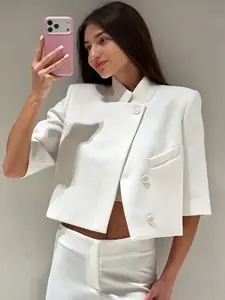 White Blazer Women's Jacket Fitted Short Sleeve Blazer Woman Casual Cropped Jacket Elegant Female Summer Vest Chic Women's Coat Office Look Women's Vest Minimalist Cloud White