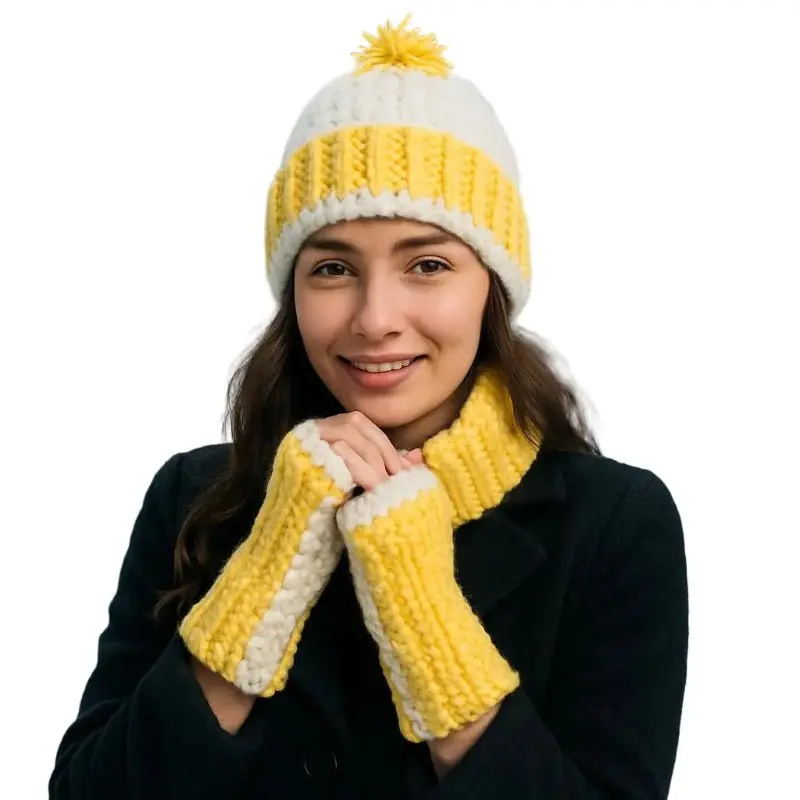 Chunky Crochet Hat and Fingerless Gloves Set, a Yellow Handmade Craft with Cheerful Color Blocking, Pom-Pom Beanie for Cold Wear and Typing, 20-22 Inches, Crafting, Texting