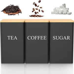 3-Piece Kitchen Storage Jars, Metal Food Container Set, Coffee Beans Tea Sugar Separated, Gift Box with Bamboo Tray