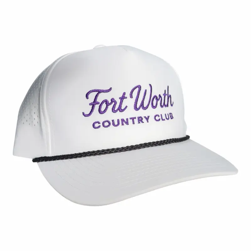 Fort Worth Country Club Waterproof Hat White with TCU Purple Stitch & Black Rope Adjustable Breathable Golf Hat
