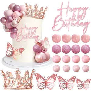 Happy Birthday Crown Tiara Cake Toppers for Birthday Wedding Baby Shower Party Decorations (Rose Gold Pink)