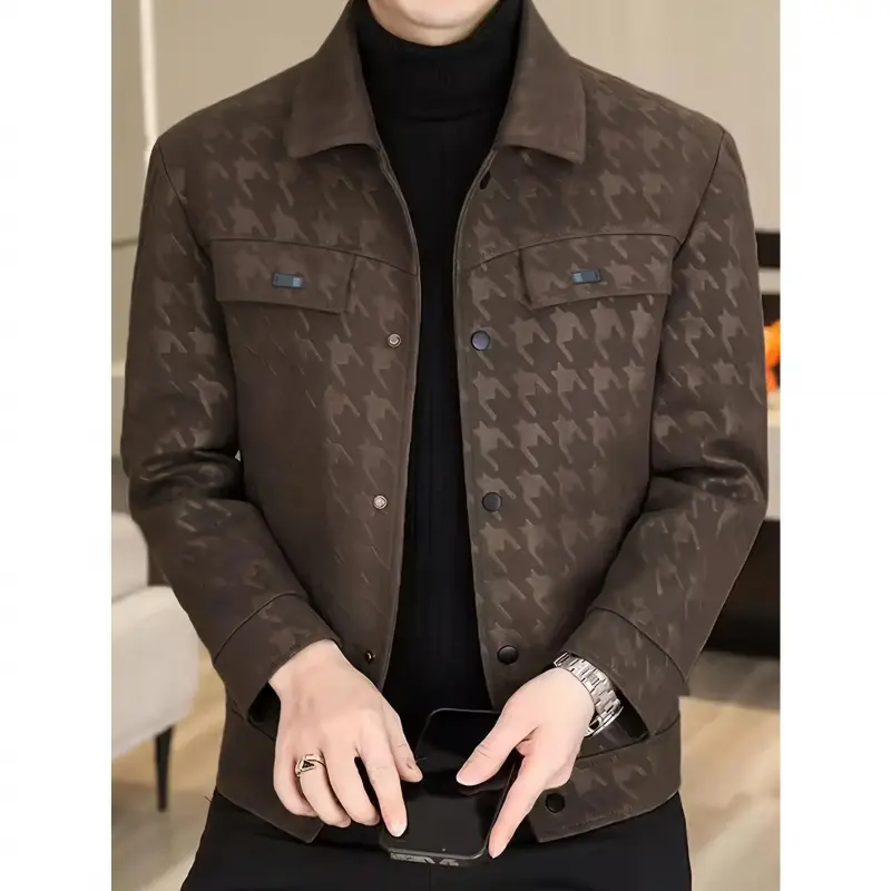 Men's Houndstooth Business Jacket - Stylish Black Shirt with Multiple Pockets, Button-Up Front, and Collar, Perfect for Office or Casual Wear, Versatile Men's Jacket |     Buttonup Jacket |     Jacket