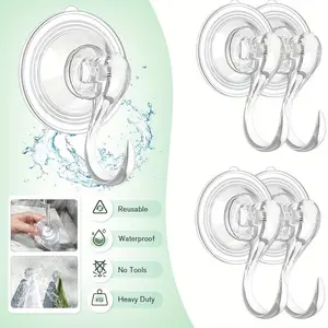5pcs Suction Cup Hooks, Large Clear Heavy Duty Vacuum Suction Hooks with Wipes Shower Suction Cups with Hooks Removable Reusable Suction Hangers for Tile Wall Window Glass Door